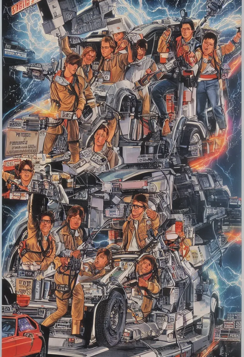 Image similar to 8 0's movie poster for back to the future vs. ghostbusters, art by drew struzan