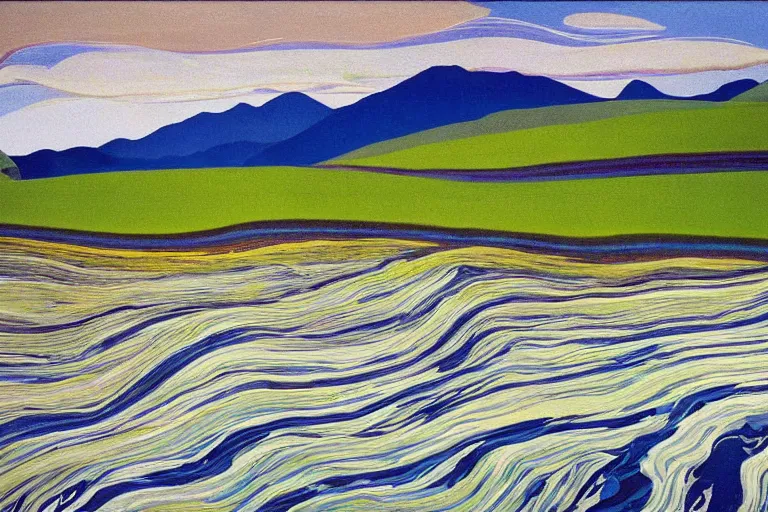 Image similar to Landscape painting. Wild energy patterns rippling in all directions. Curves, zig-zags. Organic. Mountains. Clouds. Vegetation. Rushing water. Waves. LSD. Wayne Thiebaud