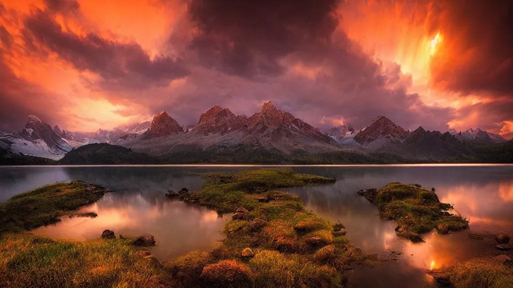 Image similar to amazing landscape photo of mountains with lake in sunset by marc adamus, beautiful dramatic lighting