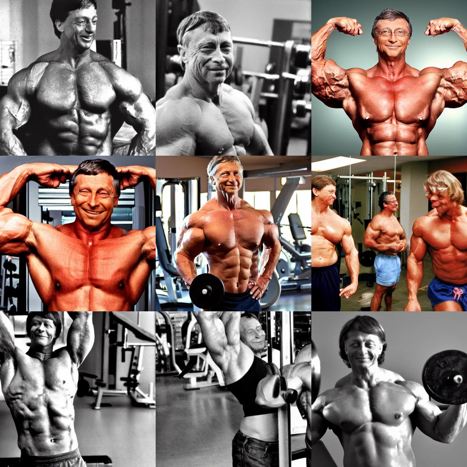 Prompt: real photograph, very muscular!! steroids bulky shirtless bill gates pumping iron, photo mid shot