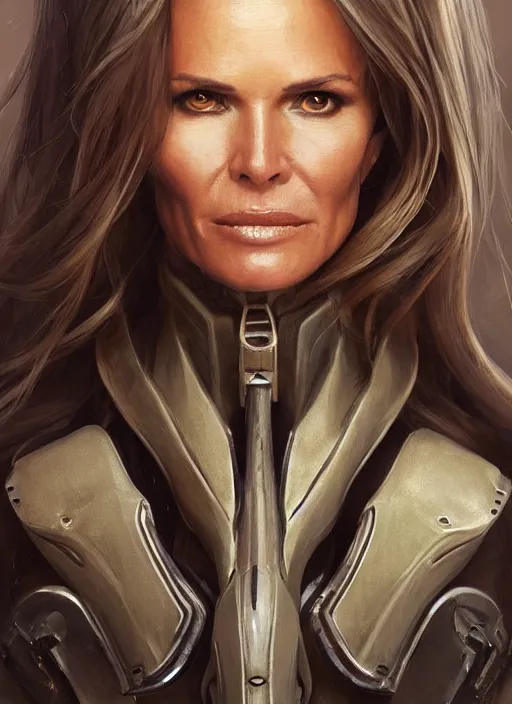 Prompt: a professional painting of Elle Macpherson, clothed in military armor, olive skin, long dark hair, beautiful bone structure, symmetrical facial features, intricate, elegant, digital painting, concept art, smooth, sharp focus, illustration, from StarCraft by Ruan Jia and Mandy Jurgens and Artgerm and William-Adolphe Bouguerea