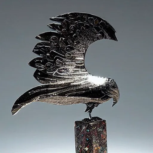 Prompt: metallic rock sculpted into a raven. Inlaid with cut gemstones and smooth polished minerals. beautiful sculpting. masterwork.