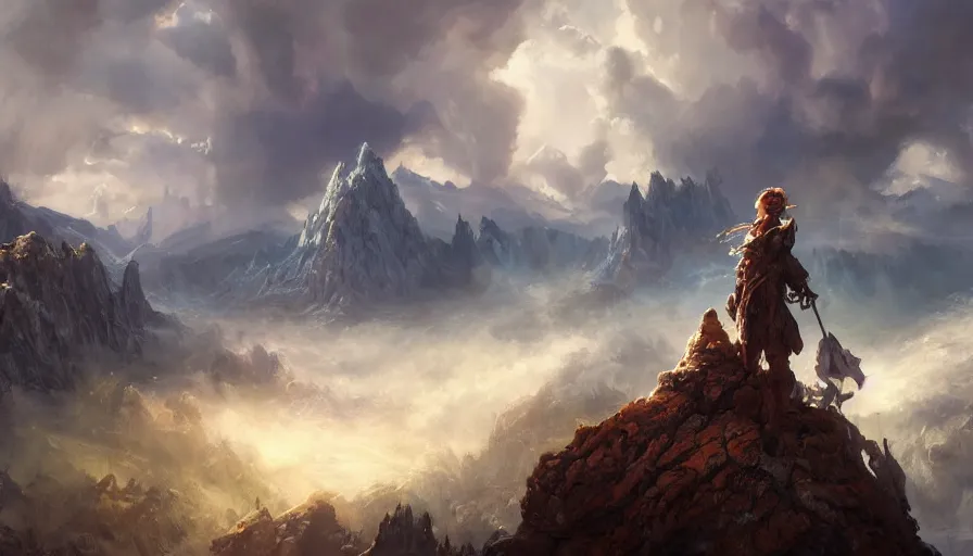 Image similar to excellent painted deamon in an epic and magical landscape from another dimension with fluffy clouds, painted by Hans Fredrik Gude, Greg Rutkowksi, Craig Mullins and Artgerm, concept art 2022, 4k, ultra realistic highly detailed oil painting