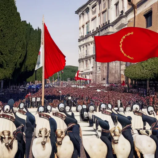 Image similar to Modern Roman Empire, 2022 photograph, Roman parade, Imperial Roman flags, CNN news report, live from Rome, alternate history