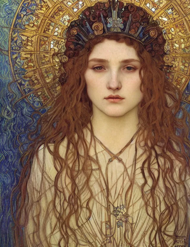 Image similar to detailed realistic beautiful young medieval queen face portrait by jean delville, alphonse mucha, vincent van gogh, and marco mazzoni, art nouveau, symbolist, visionary, gothic, pre - raphaelite
