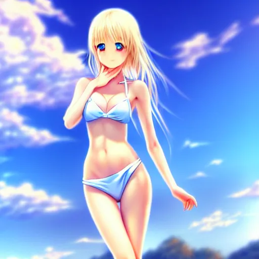 Image similar to tiny father a tall daughter picture : a very beautiful young blond anime girl, sky blue eyes, bikini, white miniskirt, highly detailed, cinematic wallpaper by stanley artgerm lau