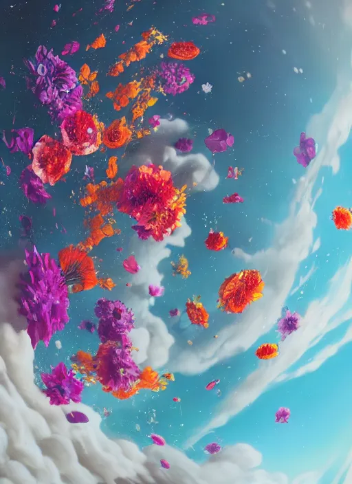 Image similar to An epic fantastic realism comic book style painting of the most beautiful flowers launched into space, bouquets, fisheye lens, unreal 5, DAZ, hyperrealistic, octane render, dynamic lighting