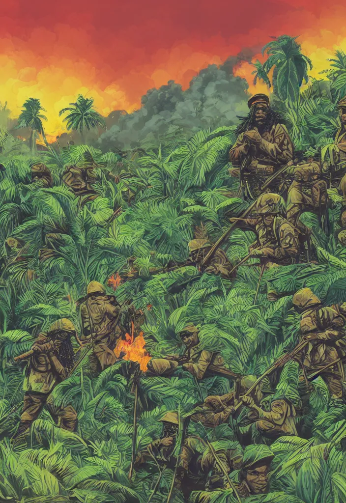 Prompt: handmade illustration of an epic Vietnam war scene with a few Rastafarian Jamaican soldiers walking, the jungle at the background, some smoke and fire, blue sky with dramatic clouds, line art, ink, watercolor by Kilian Eng and by Jake Parker, heavy brushstrokes, winning-award masterpiece, fantastic, octane render, 8K HD Resolution, High quality image