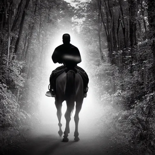 Image similar to Kanye West riding a horse in the forest, 35mm, photorealistic, studio light, noire