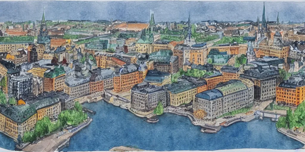 Image similar to isometric view of stockholm, watercolour realism