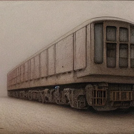 Prompt: Train. Vacant. Desolation. Unsettling. Zdzisaw Beksinski