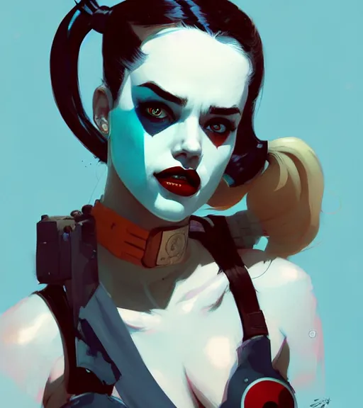 Prompt: portrait of harley quinn by atey ghailan, by greg rutkowski, by greg tocchini, by james gilleard, by joe fenton, by kaethe butcher, dynamic lighting, gradient light blue, brown, blonde cream and white color scheme, grunge aesthetic