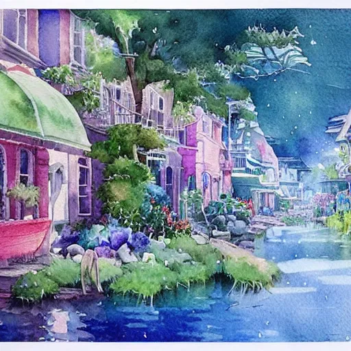 Image similar to Beautiful happy picturesque charming sci-fi town in harmony with nature. Beautiful light. Water and plants. Nice colour scheme, soft warm colour. Beautiful detailed watercolor by Lurid. (2022)