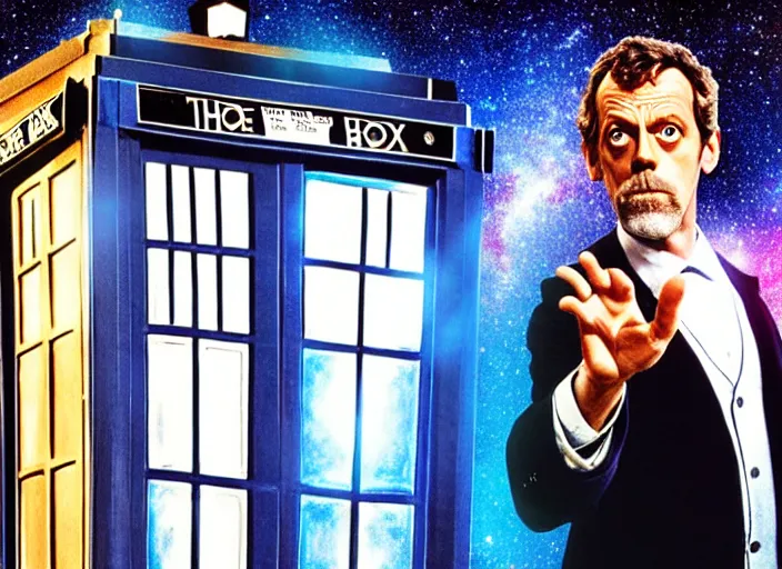 Image similar to product photo still of vhs cover of hugh laurie as doctor who in front of a nebula through the open door of the tardis on a vhs box