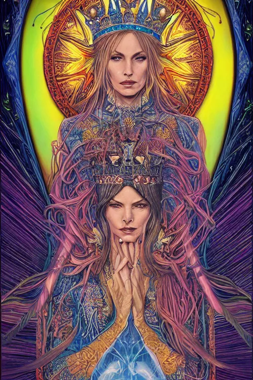 Image similar to beautiful tarot card of the queen of dreams by dan mumford and carol bak and alex grey, oil on canvas, intricate, symmetrical, portrait, 8k highly professionally detailed, HDR, CGsociety