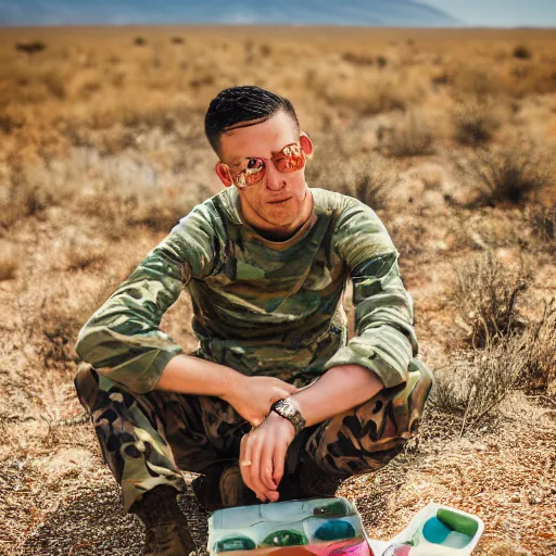 Image similar to portrait of a man wearing camuflage, army clothing, he ‘ s sitting in the desert eating some colorful crayons, beautiful composition, 5 0 mm f 1. 8, ambient light