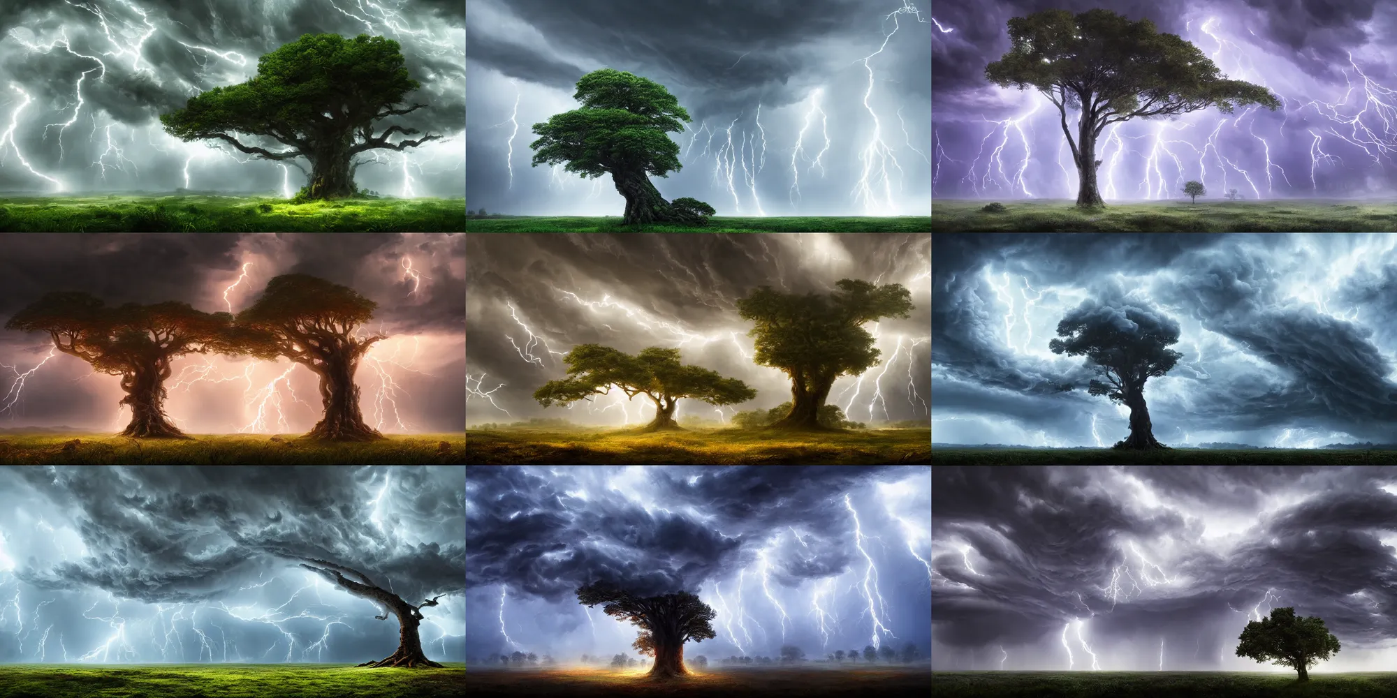 Image similar to a beautiful painting of a huge tree of storm, foliage made of stormy clouds and lightnings, epic, fantasy, high definition, cinematic shot, natural volumetric light, artstation, ultra detailed, 8 k