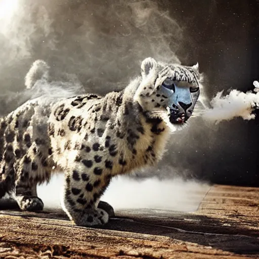 Image similar to Snow leopard vaping and doing vape tricks, iPhone photo