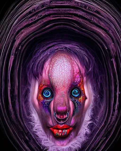 Image similar to realistic portrait of a creature experiment gone wrong, opened portal, psychedelic, dark art, facing camera, photo realistic, detailed, 1 4 5 0, delicate, hyper realism, ultra realistic, 8 k