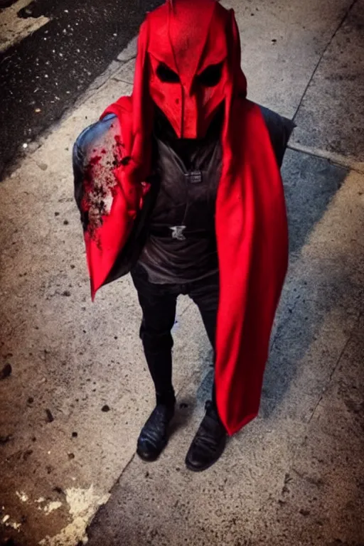 Image similar to red hood cosplay, creepy, disturbing, bloody, darkness, grainy