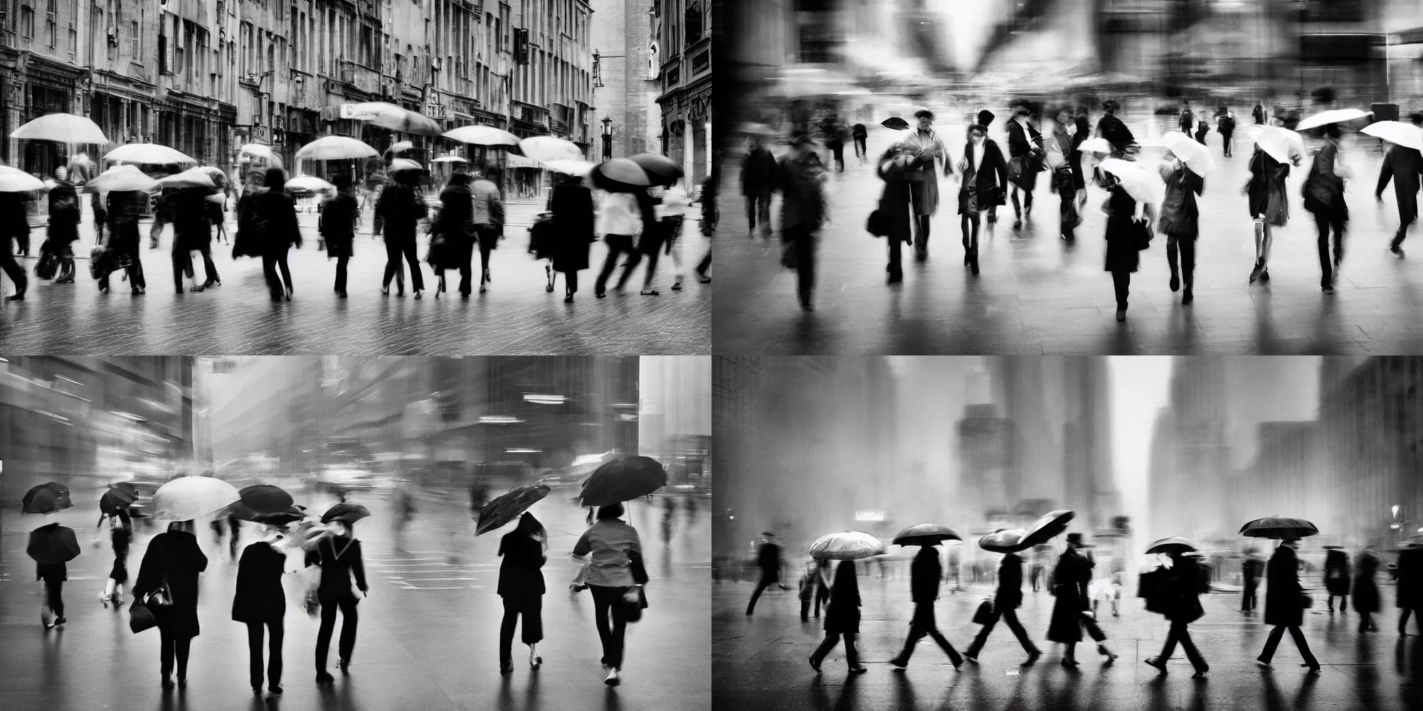 Prompt: multiple people walking in the city with umbrellas by richard avedon. street photography. black and white. ilford delta. long exposure, motion blur.