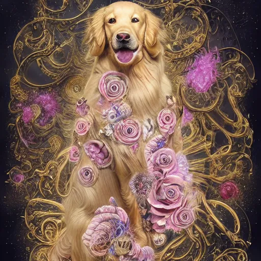 Image similar to Golden Retriever in a cosmic dress, full-body tattoos, ornate, rococo, Psychedelic, zbrush art, majestic, organics, Emil melmoth, eerie, macabre, haunting + insanely detailed and intricate, floral, faded pink, hypermaximalist, elegant, vintage, hyper realistic, super detailed, pastel color, 8K,