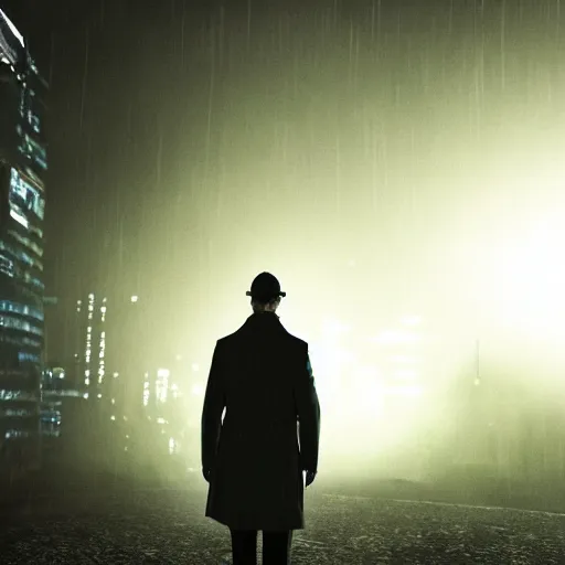 Prompt: ONE SINGLE detective in trench coat looking away from the camera, cyberpunk, futuristic, technology , cinematic lighting, depth of field, highly detailed, volumetric fog, dark, moody, gritty, rain, neon lights