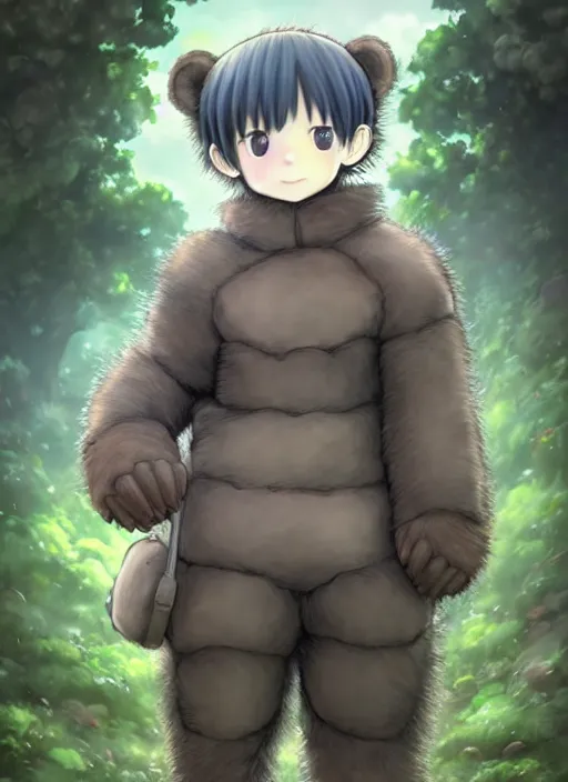 Image similar to beautiful little boy wearing an cyborg bear suit, artwork in kentaro miura and made in abyss and rosdraws, smooth, beautiful lightness, anatomically correct, trending on pixiv, forest