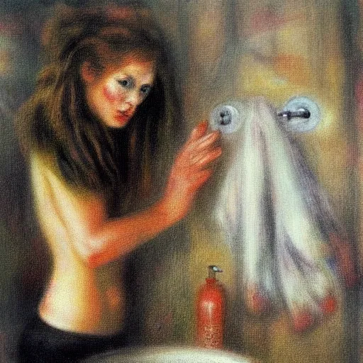 Image similar to disturbing grunge picture of a dirty bathroom 1 9 7 2. horror airbrush art, by auguste renoir