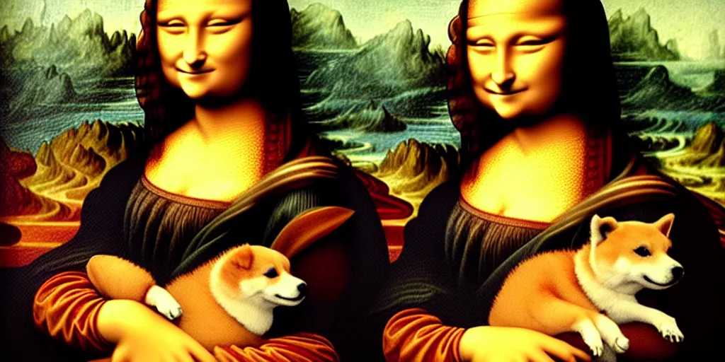 Prompt: leonardo da vinci's 《 mona lisa 》 holding a shiba inu ， oil painting, by leonardo da vinci