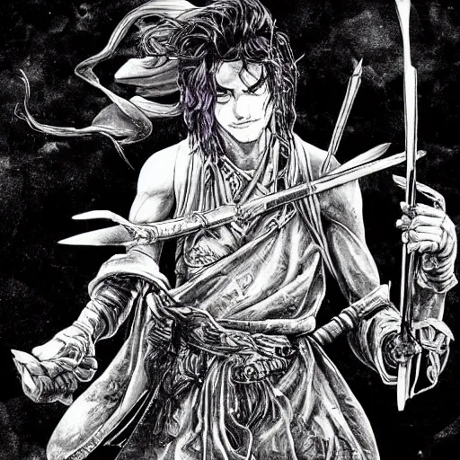 Image similar to pen and ink!!!! attractive 22 year old cyborg!!! Frank Zappa x Jared Leto golden Vagabond!!!! magic swordsman glides through a beautiful battlefield magic the gathering dramatic esoteric!!!!!! pen and ink!!!!! illustrated in high detail!!!!!!!! by Hiroya Oku!!!!!!!!! Written by Wes Anderson graphic novel published on shonen jump MTG!!! 2049 award winning!!!!