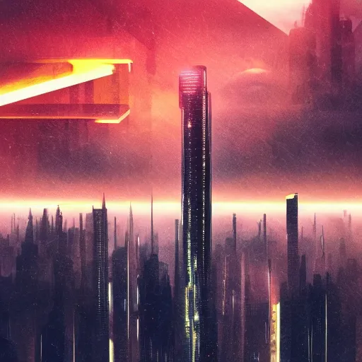 Image similar to « futuristic city, cyberpunk, blade runner, sunrise, morning, girl watching the sky, ground view to the top »