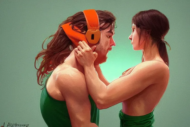 Image similar to portrait of a man in orange t - shirt wrestling with a girl in green dress, highly detailed, digital painting, artstation, concept art, smooth, sharp focus, illustration, art by artgerm and greg rutkowski and alphonse mucha