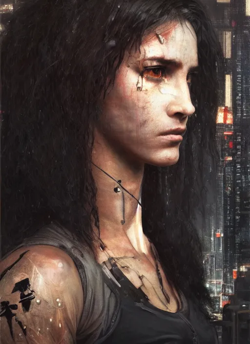 Image similar to Cyberpunk female version of the punisher (blade runner 2049, cyberpunk 2077). Beautiful face and afro. Orientalist portrait by john william waterhouse and James Gurney and Theodore Ralli and Nasreddine Dinet, oil on canvas. Cinematic, hyper realism, realistic proportions, dramatic lighting, high detail 4k