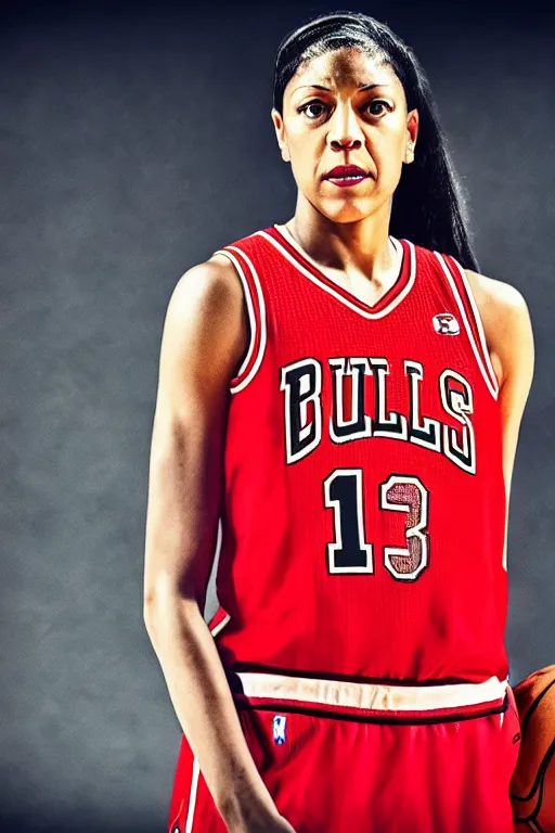 Image similar to candace parker in bulls jersey, high contrast, high saturation cinematic film still