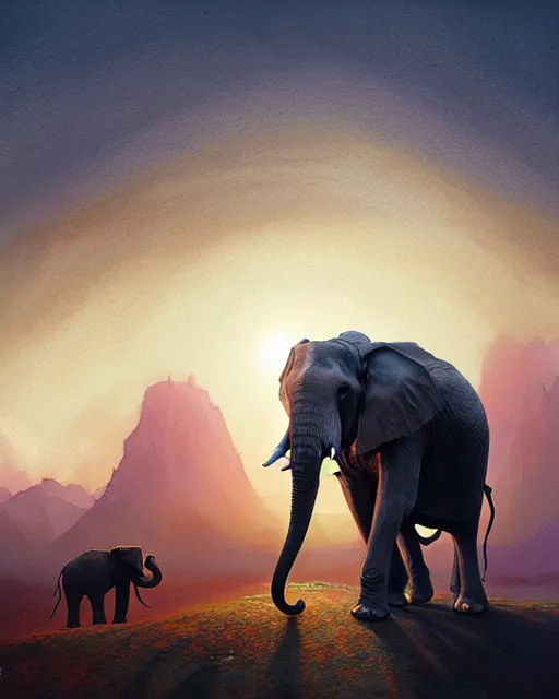 Image similar to elephant in africa painted in watercolor volumetric lighting, back lighting, rimlight, dramatic lighting, digital painting, highly detailed, artstation, sharp focus, illustration, Artgerm, Jean-Léon Gérôme , ruan jia