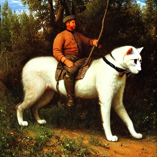 Image similar to man riding a huge cat, oil painting by Ivan Shishkin