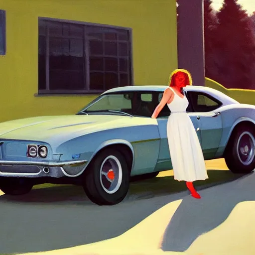 Prompt: Candid portrait, car in the background, dated a woman that lived on Cooterneck Road, She had a Catfish Camero and was cooler than me, by Edward Hopper, Bo Bartlett, and Cynthia Sheppard, Artstation