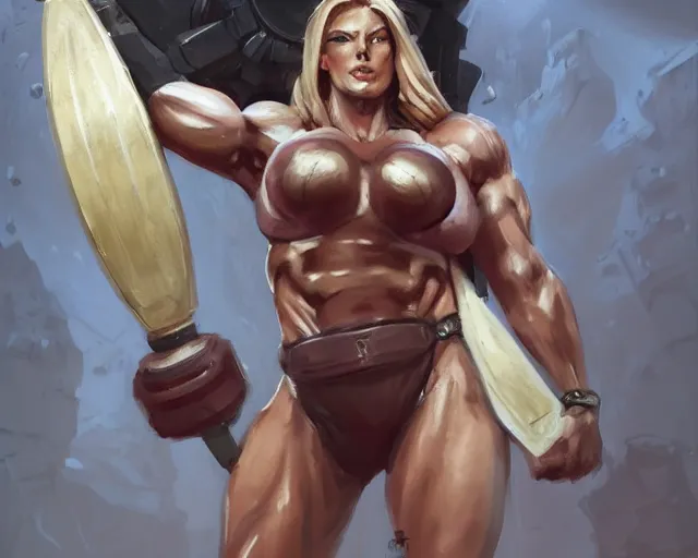 Prompt: portrait of a muscular female bodybuilder knight in team fortress 2 style, detailed face, dark fantasy art, fantasy, pretty, hd shot, digital portrait, beautiful, artstation, comic style, by artgerm, guy denning, jakub rozalski, magali villeneuve, neoartcore and charlie bowater