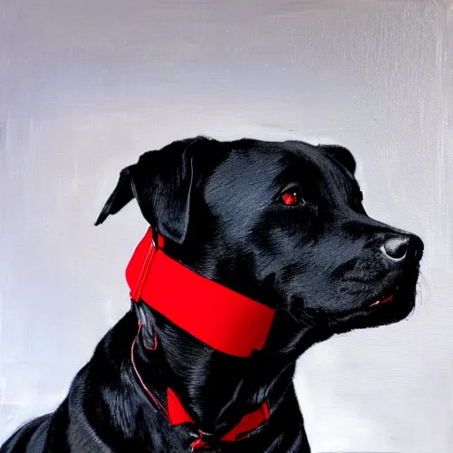 Image similar to painting of a black pitbull lab wearing thin red dog - collar