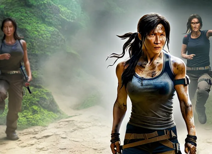 Image similar to film still of!!!! jackie chan jackie chan jackie chan!!! as lara croft in new tomb raider movie, 8 k