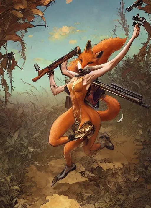 Image similar to a beautiful, dynamic illustration of an anthropomorphic fox - woman running and gunning with a winchester rifle, wild west theme, focal depth, highly detailed, art by joseph leyendecker, peter mohrbacher, ruan jia, marc simonetti, ayami kojima, cedric peyravernay, alphonse mucha, victo ngai,