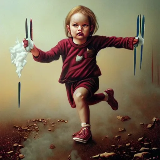 Prompt: a disappearing running child holding scissors in hand disappears evaporates dissolves into vapor, mist, smoke, blood drops and spatteer, a detailed matte painting by John Philip Falter and Jason Edmiston