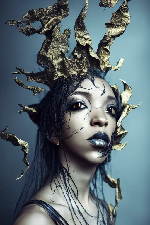 Image similar to photoshoot of tinashe as mysterious dark goddess of death, realism, clouds, swirling energy, torn fabric, elaborate ornate growth, gilded relief, volumetric lighting, light shafts, ambient light, trending on artstation, by alessio albi