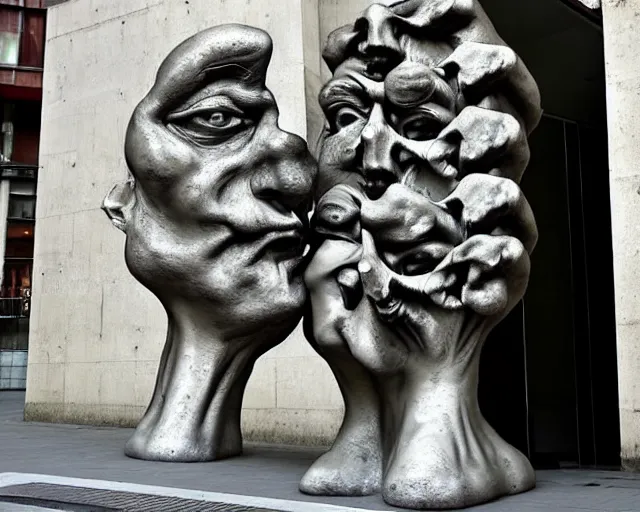 Prompt: by francis bacon, louise bourgeois, bruno catalano, mystical photography evocative. an intricate fractal concrete and chrome brutalist carved sculpture of the secret faces of god, standing in a city center.