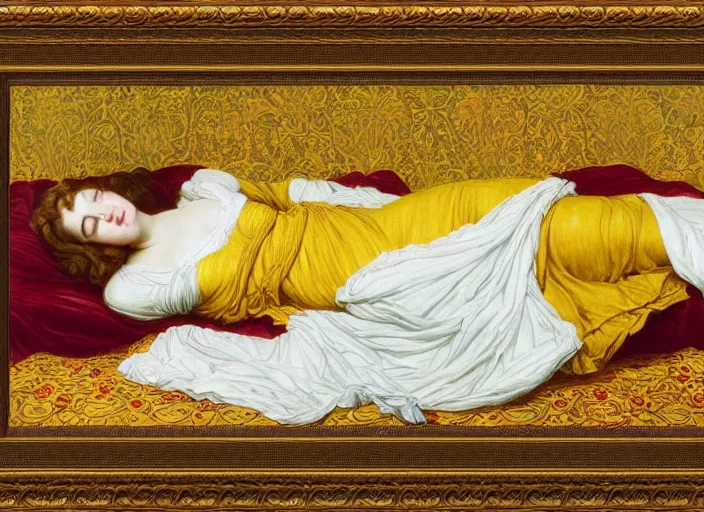 Image similar to portrait of lady reclining on bed wearing yellow ochre ornate medieval dress, framed, preraphaelite colour photography by frederic leighton, william morris, 8 k