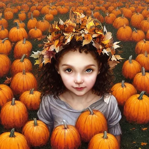 Image similar to a cute little girl with light brown wavy curly hair and blue eyes sitting amidst piles of pumpkins. beautiful cute highly detailed face. she is wearing a crown of autumn leaves. autumn and fall and halloween themed painting by artgerm and greg rutkowski and bouguereau.