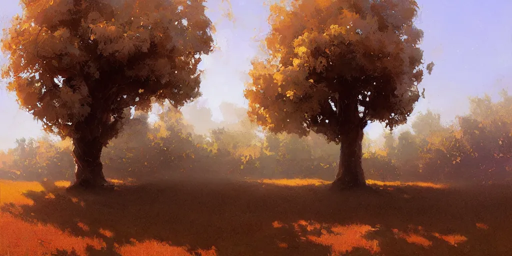 Image similar to digital art painting of a single tree in the middle of a front yard painted by craig mullins and gaston bussiere and greg rutkowski