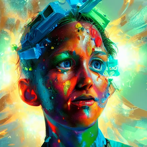 Image similar to improbability, octane render, portrait made of paint, splashes of colors, comic book art, highly detailed