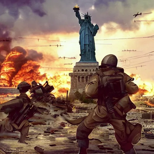 Image similar to The war between the Soviet Union and America, the action takes place in New York, far away against the background of the Statue of Liberty, a lot of soldiers and military equipment, a lot of explosions and tracer bullets, a lot of ruins, a very epic battle, The style of photography of the 80s, very detailed and detailed style